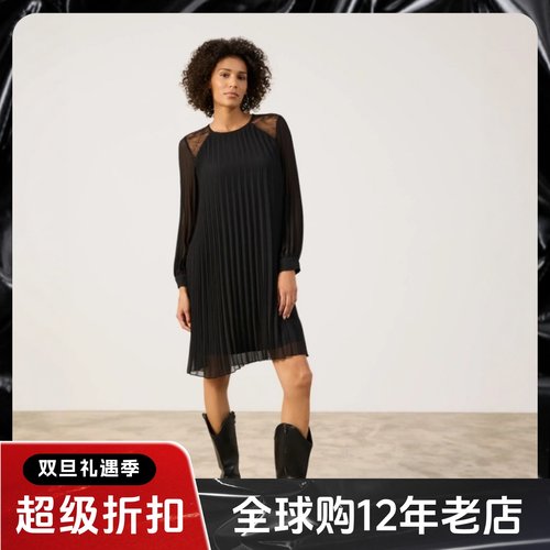 UNI CLOSET黑色长袖百褶连衣裙肩部镂空纯色气质通勤OL大气百搭