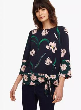 Phase Eight长袖衬衫衬衣藏蓝印花碎花系带优雅英伦风气质显瘦