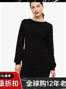 Phase Eight黑色长袖连衣裙包臀一步裙高腰修身立体条纹通勤显瘦