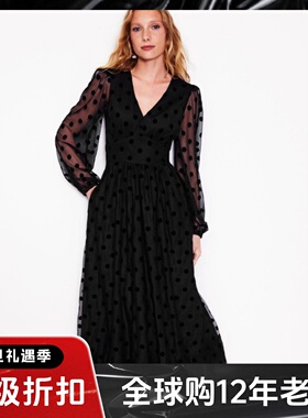 Phase Eight黑色长袖波点连衣裙网纱袖中长A字V领高腰修身优雅