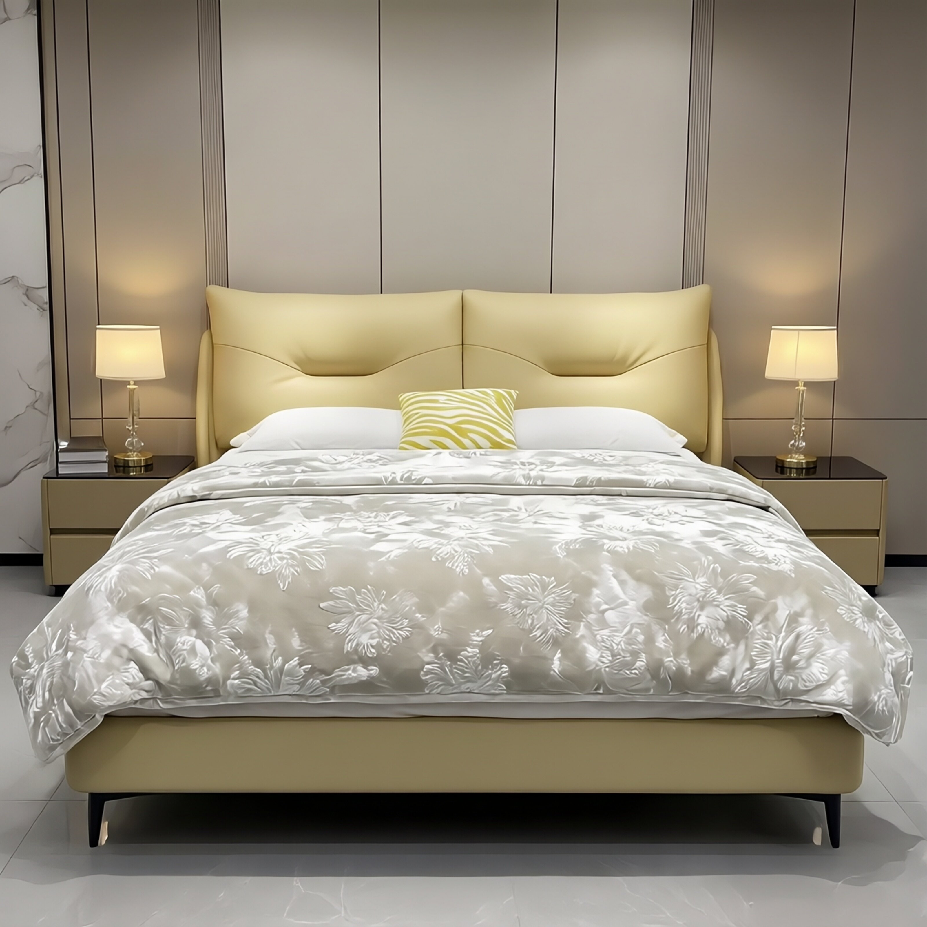 高端意式轻奢巧克力棕色头层真皮床男孩次卧牛皮床大师设计主卧床