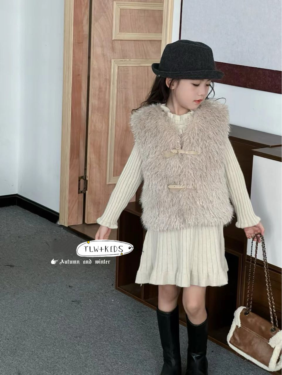 女童秋冬套裙2025新款洋气时尚马甲打底毛衣连衣裙两件套皮草套装