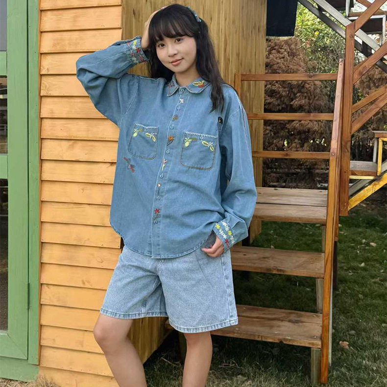 春秋新款文艺设计感小众长袖衬衫女士显瘦时尚宽松韩版牛仔衬衣