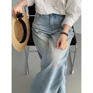 那末满天星~韩系早春亮闪闪直筒水洗牛仔裤女高腰显瘦阔腿裤