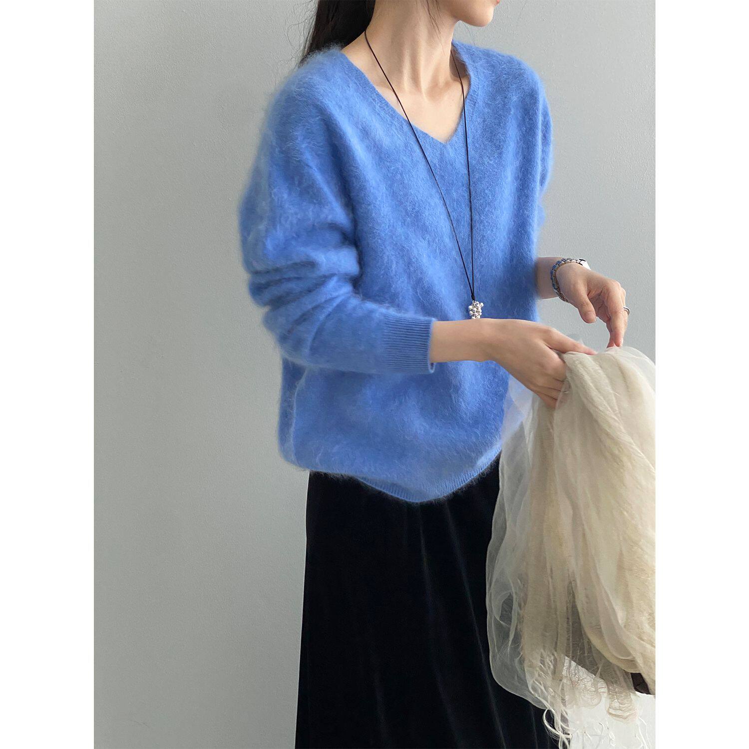 那末 奶霜90羊毛衫软糯温柔风桑蚕丝针织衫女V领宽松简约毛衣