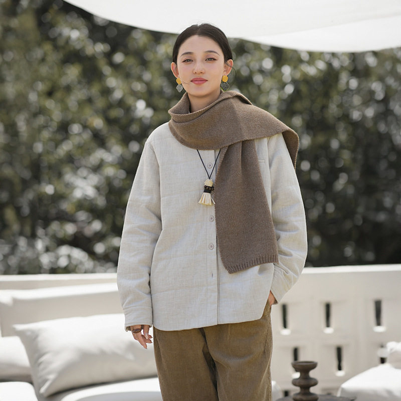 鹿与安笛女装新款冬季夹棉外套女中长款新中式棉服宽松棉麻棉衣