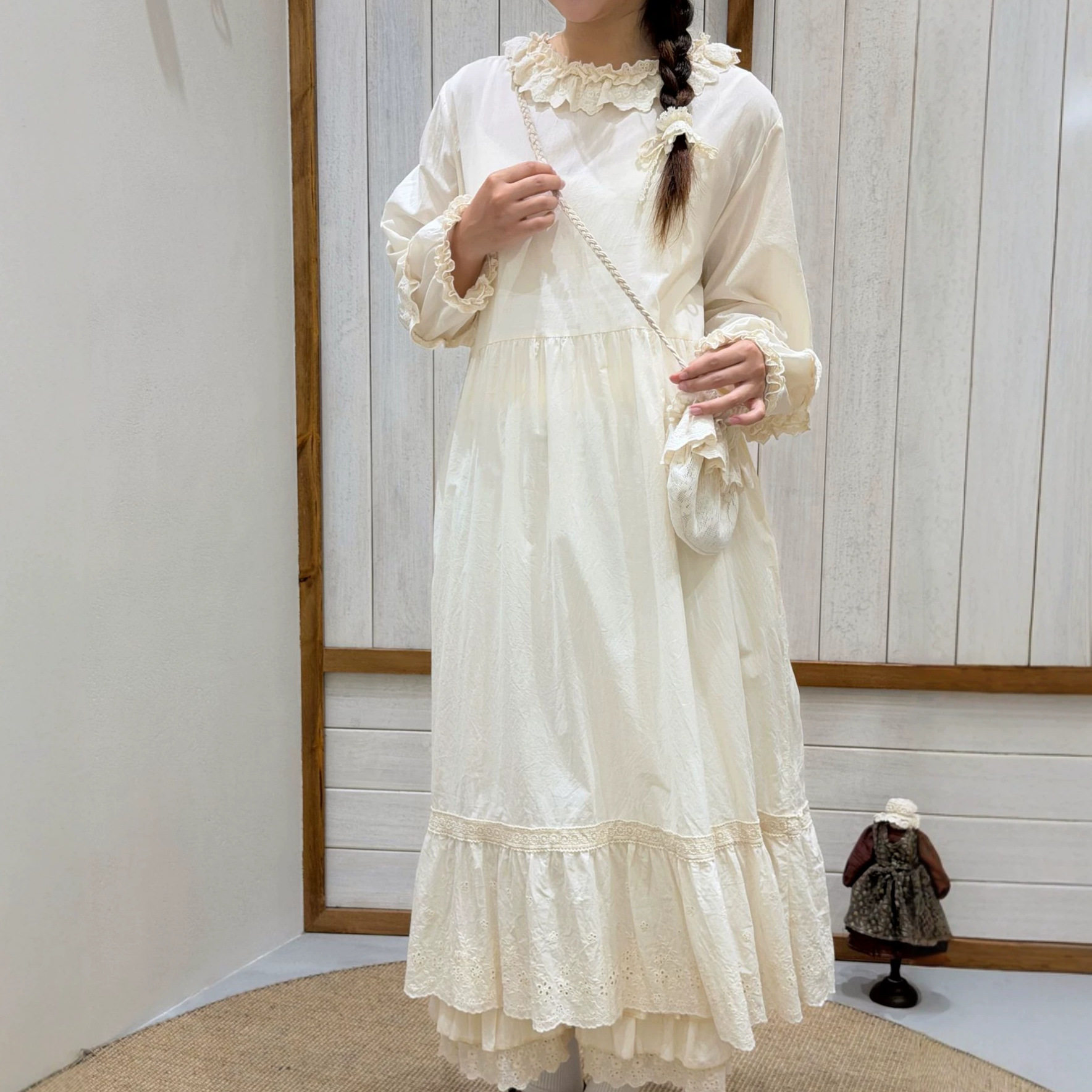 日系花边木耳领长袖连衣裙甜美清新气质宽松百搭纯棉显瘦打底长裙