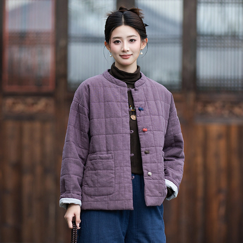 2026冬季新款棉服苎麻复古百搭国风立领盘扣方格夹棉棉衣外套女