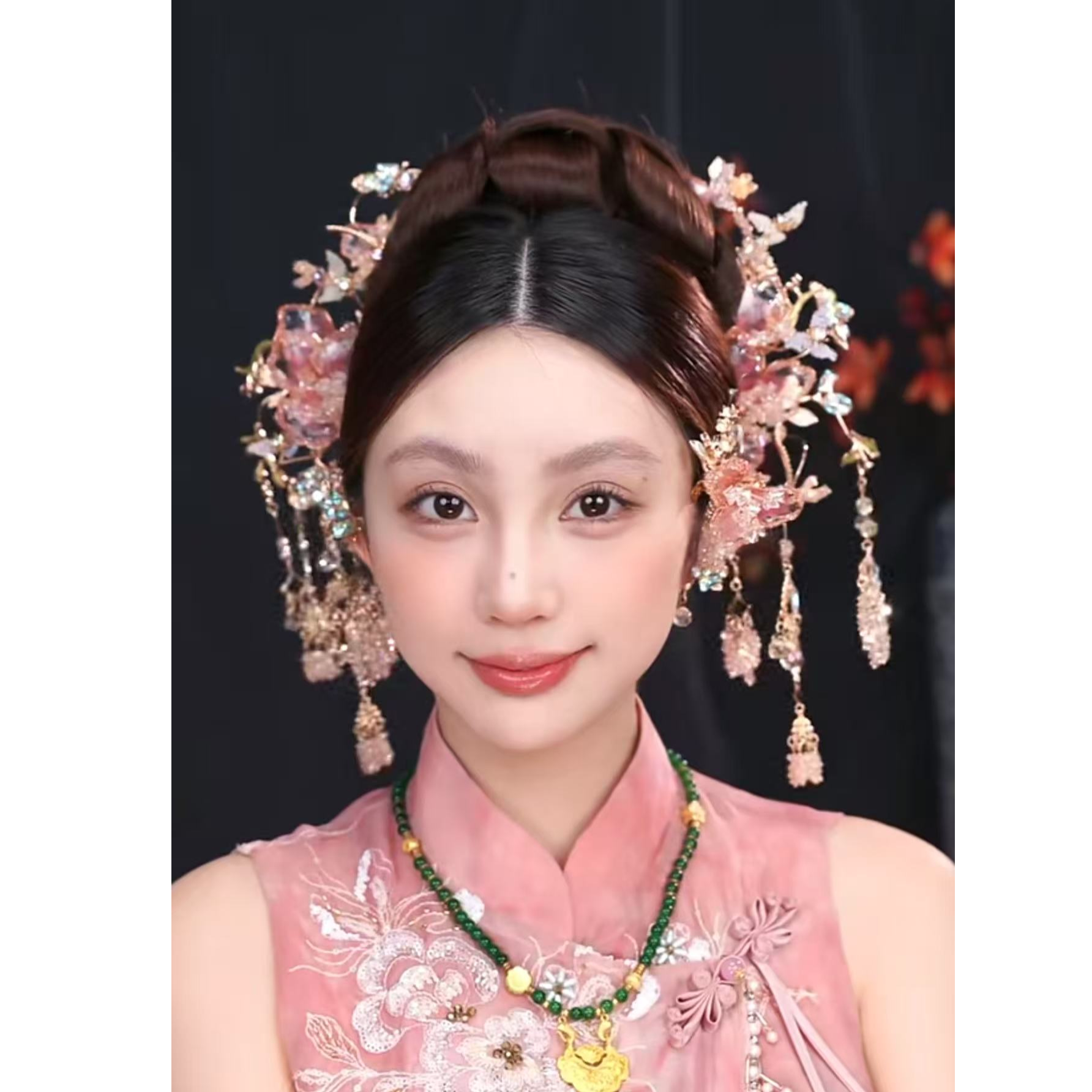 新款超仙新中式粉色花朵新娘头饰发饰