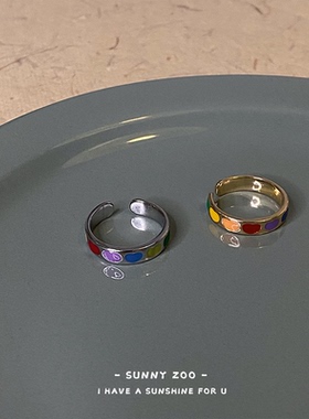 日韩彩色滴油爱心网红戒指女ins潮可爱百搭食指戒可调节创意指环