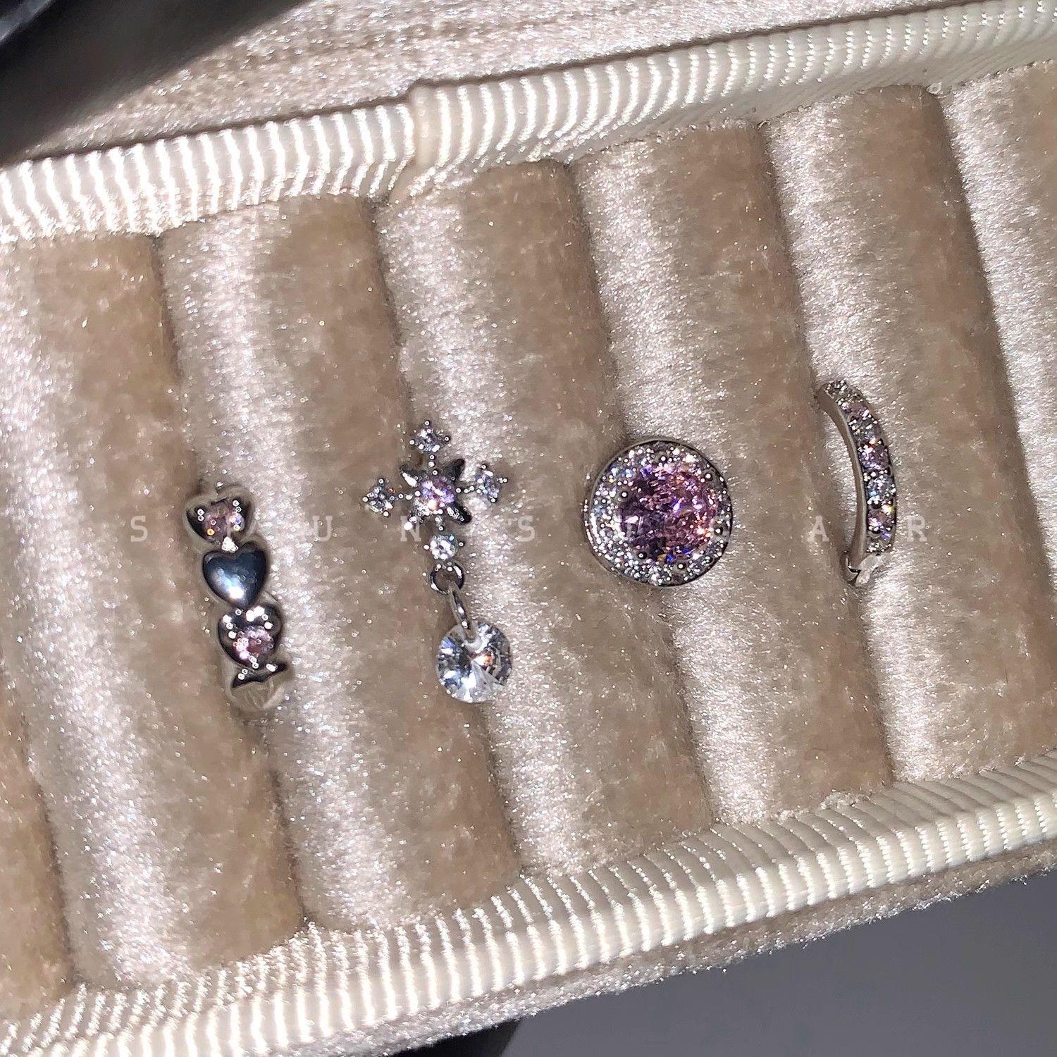 粉色十字雪花坠耳骨钉钛钢甜美闪钻爱心耳圈叠带小众耳钉耳环女