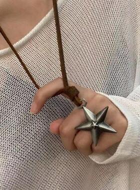 可调节个性星星吊坠朋克项链牛皮合金银色五角星长款项链毛衣链