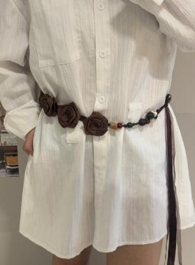 复古西部风棕色铆钉腰带女小众设计花朵腰绳配裙子牛仔裤腰封配饰