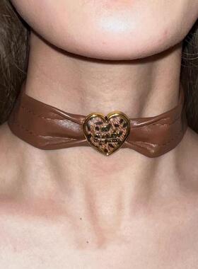 choker/.复古皮质棕色系美拉德豹纹爱心项圈轻奢辣妹女锁骨链颈链