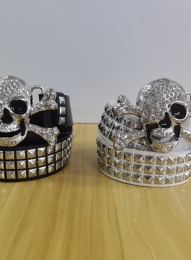 亚文化哥特铆钉皮带潮流韩版朋克骷髅头水钻腰带男女街头舞蹈皮带