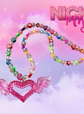 霹雳辣妹自制Y2K亚克力爱心项链翅膀吊坠彩绘日本进口闪珠项链