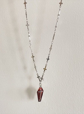 欧美暗黑红色滴油钛钢十字架项链朋克哥特复古毛衣链