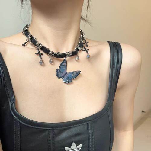 chocker黑色蝴蝶项链脖子配饰女甜酷辣妹y2k重工项圈朋克颈链高级