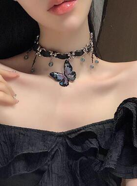 chocker黑色蝴蝶项链脖子配饰女甜酷辣妹y2k重工项圈朋克颈链高级
