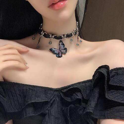 chocker黑色蝴蝶项链脖子配饰女甜酷辣妹y2k重工项圈朋克颈链高级