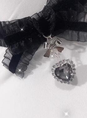 原创手作Lolita丝绒花边蝴蝶结水钻吊坠颈饰choker