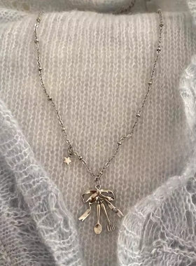 蝴蝶结小勺小叉子项链 星星吊坠 可可爱爱的组合