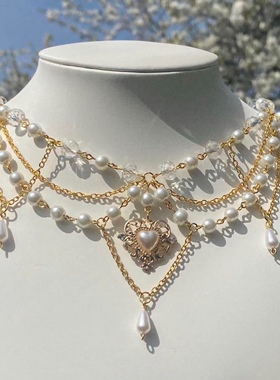 欧美 小众设计双层高亮仿珍珠流苏爱心项链女百搭