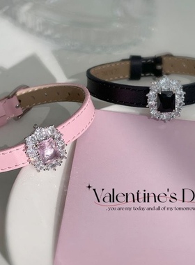 小红书自制ins黑甜皮质链条水钻粉色手环手链yk2辣妹