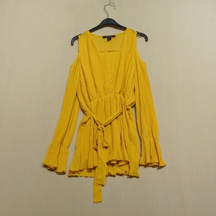 V领泡泡袖 外贸原单女装 纯色 法式 连衣裙收腰显瘦设计感沙滩裙 时尚