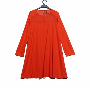 纯色宽松显瘦圆领长袖 外贸原单女时尚 法式 新款 雪纺拼接连衣裙 夏季