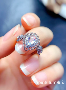 天然月光石戒指主石尺寸5×7mm925纯银镀金支持检测