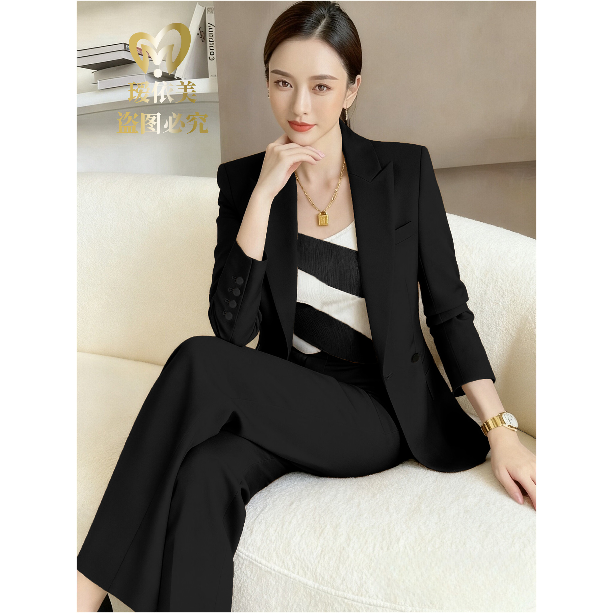 升级款高端黑色秋冬西装套装阔腿裤总裁经理体制内外女装正装