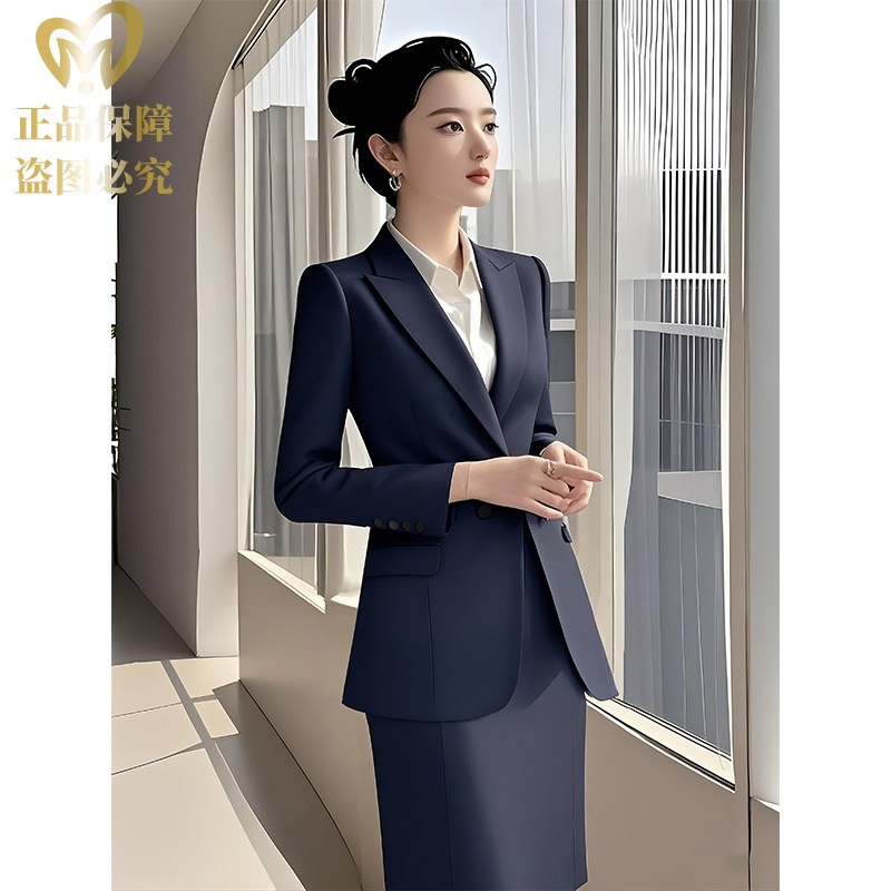 两件套藏青色女西装套装高级感正装网红时尚小西装修身