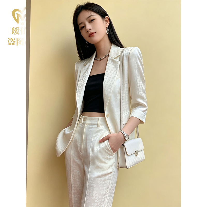 高端珍珠白醋酸西装套装夏装新款女士休闲时尚气质套装网红爆款