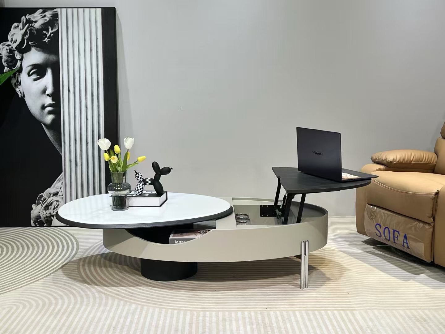 意式极简茶几客厅现代简约可移动茶几极简黑色岩板茶几中古大理石