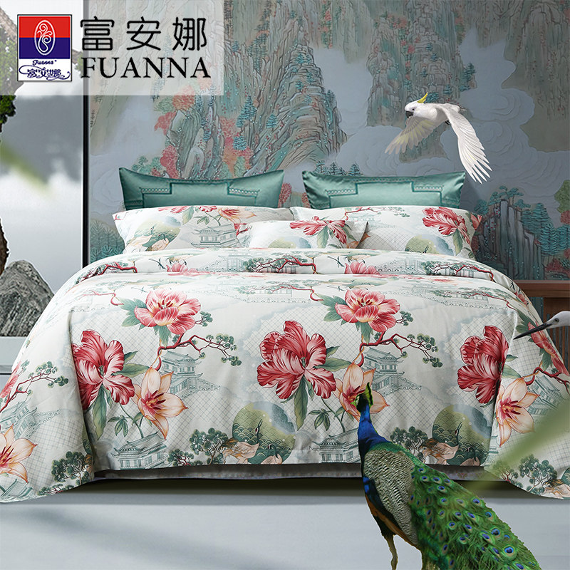 富安娜亲肤四件套纯棉全棉国风春夏秋冬四季通用轻奢床上用品   T