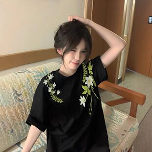 宽松小众设计感oversize情侣装 t恤男女夏季 重磅花卉印花短袖 美式