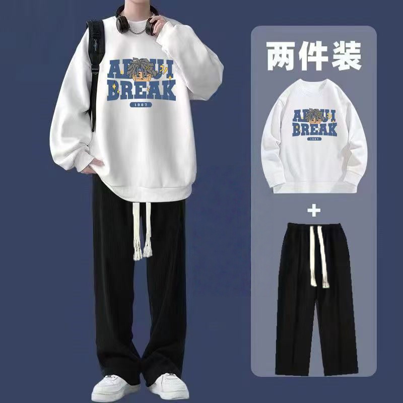 秋冬季男生潮牌圆领卫衣直筒裤套装宽松运动休闲长裤两件情侣套装