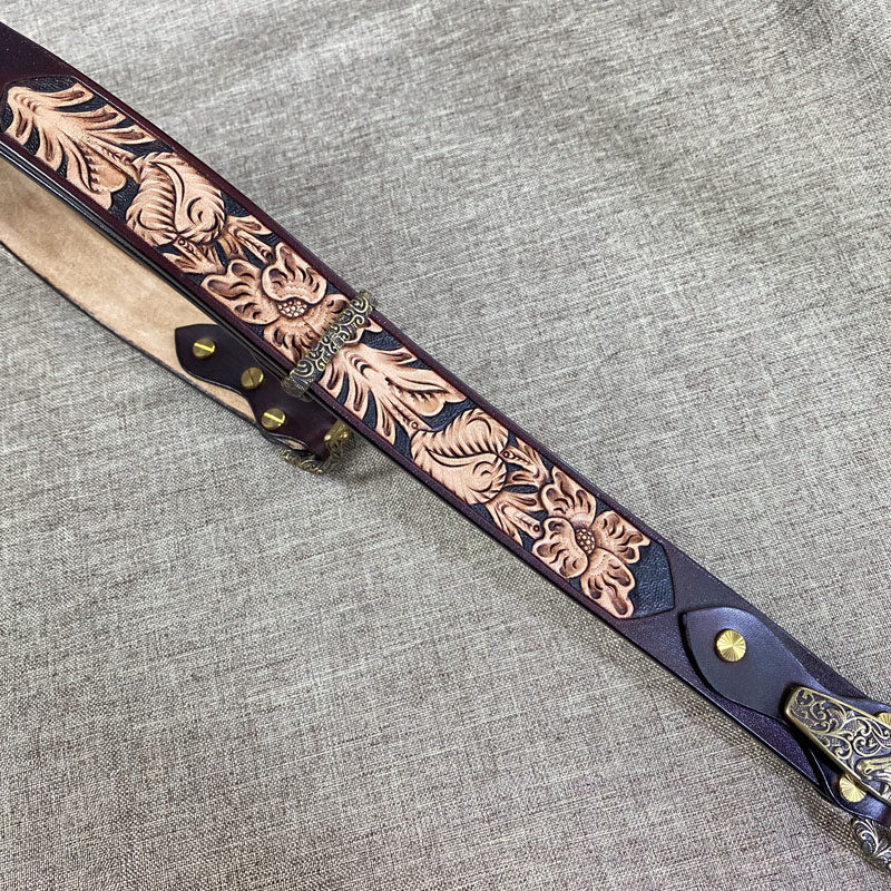 纯手工皮雕皮带马头花纹 骑兵扣腰带 纯铜扣头唐草花纹真皮皮带