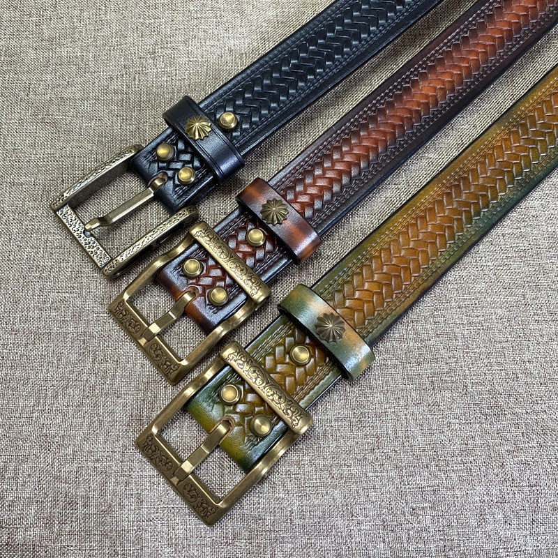 风尘黄铜扣厚美鞍5.0复古席纹压花手工皮带 男士头层牛皮真皮腰带