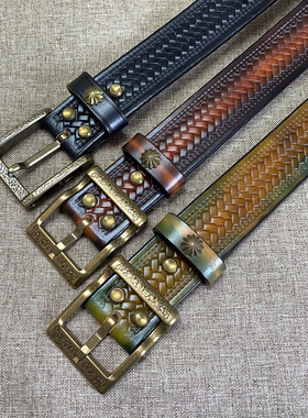 风尘黄铜扣厚美鞍5.0复古席纹压花手工皮带 男士头层牛皮真皮腰带