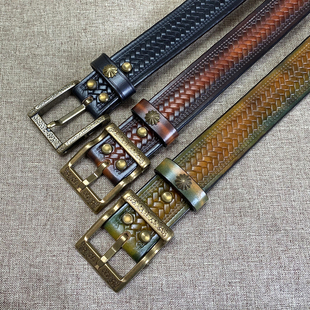 风尘黄铜扣厚美鞍5.0复古席纹压花手工皮带 男士头层牛皮真皮腰带