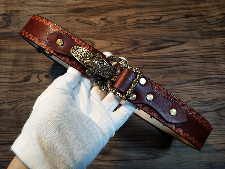 纯手工皮带 进口美鞍植鞣牛皮马头骑兵扣腰带 花边纯铜扣头皮带