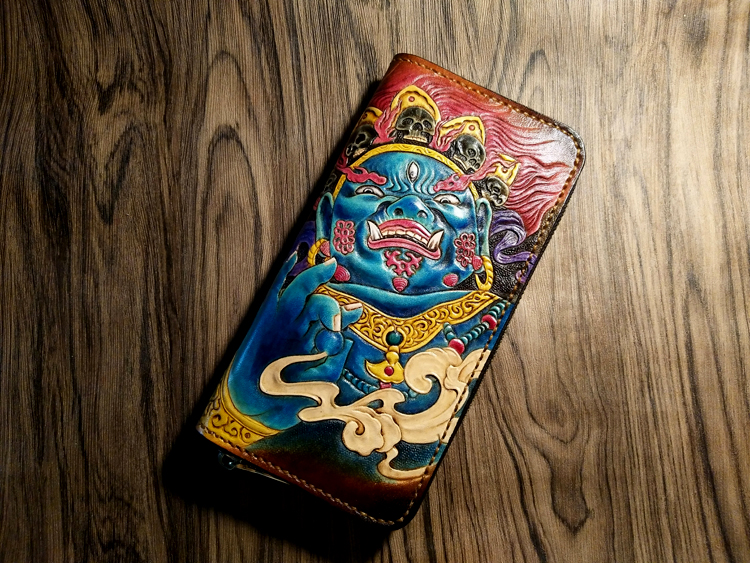 纯手工皮雕钱包 大黑天财神 真皮钱包