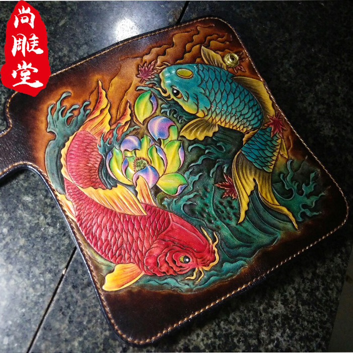 纯手工雕刻 意大利植鞣牛皮 招财鲤鱼搭扣钱包 真皮钱夹