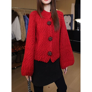 超仙减龄休闲百搭加厚针织衫 时髦慵懒风招财红色毛衣2025冬季 新款
