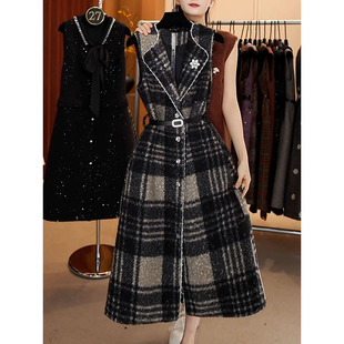 法式轻奢洋气拼接西装领背心裙2025冬季新款气质名媛显瘦遮肉裙子