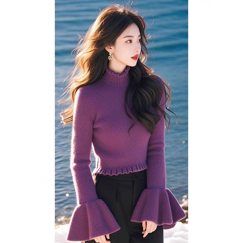 气质温柔高领针织衫女2025秋季新款高级感超好看喇叭袖紫色毛衣仙,女装/女士精品,毛衣,淘宝优惠券,粉丝福利购,淘宝优惠卷