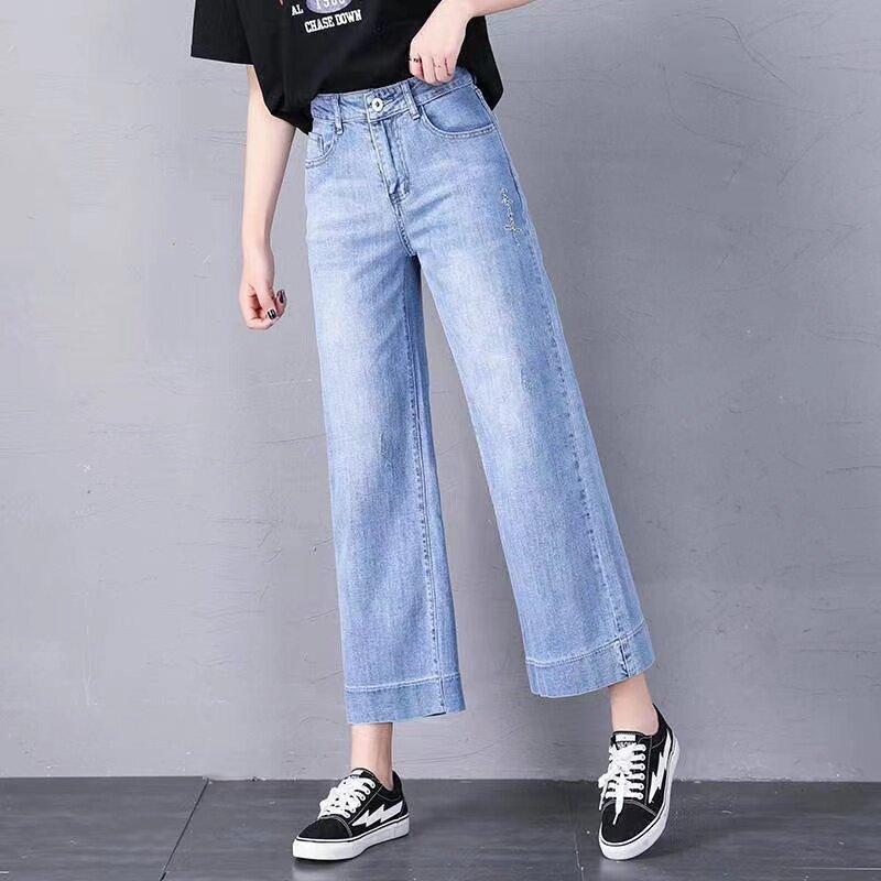 牛仔阔腿裤女高腰夏季新款韩版显瘦学生直筒垂感宽松小个子九分裤