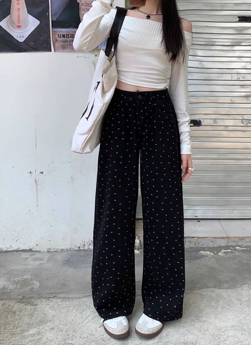 黑色波点复古直筒牛仔裤碎花大码春秋高腰印花宽松拖地显瘦阔长裤